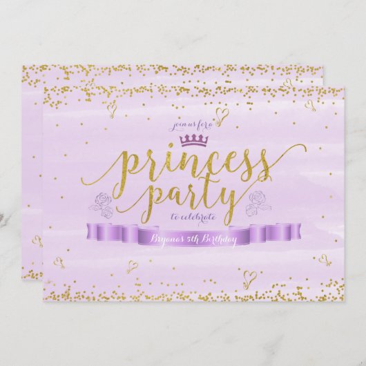 ピンクプリンセスパープル&金ゴールド誕生日招待状 招待状 (正面/裏面)