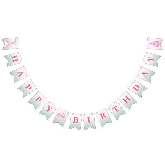 ピンクプリンセスファンタジー誕生日パーティー バンティングフラッグ (全)