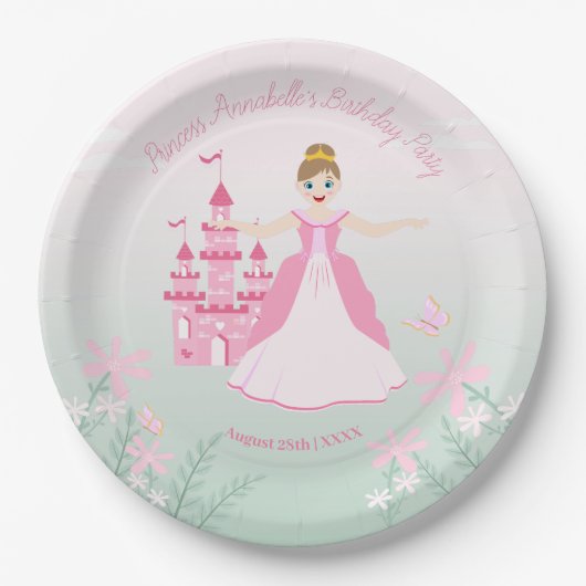ピンクプリンセスファンタジー誕生日パーティー ペーパープレート (正面)