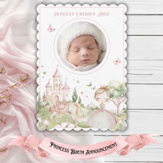 ピンクプリンセスフォトベビーガール誕生 案内状