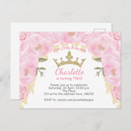 ピンクプリンセスフローラグリッターはがき招待状 ポストカード (正面/裏面)