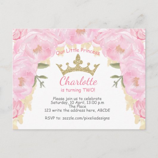 ピンクプリンセスフローラグリッターはがき招待状 ポストカード (正面)