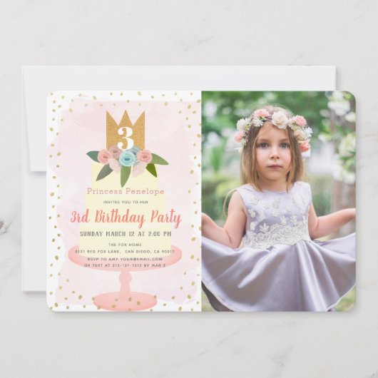 ピンクプリンセスフローラケーキガールフォト誕生日 招待状 (正面)