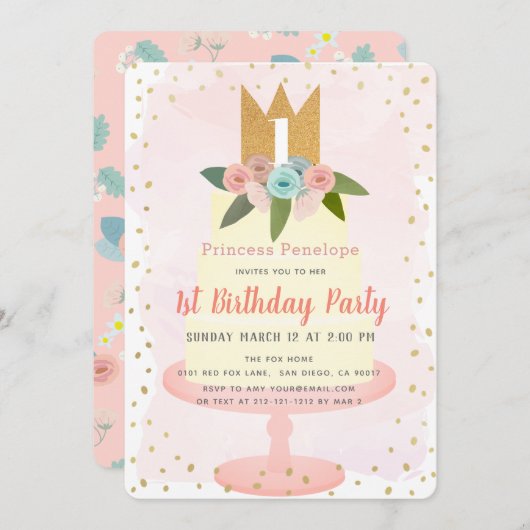 ピンクプリンセスフローラケーキガール1st誕生日 招待状 (正面/裏面)