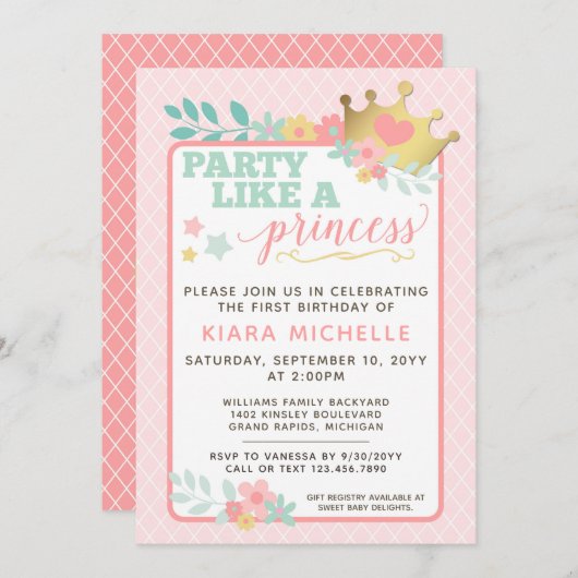 ピンクプリンセスベビーガールファースト誕生日招待状 招待状 (正面/裏面)
