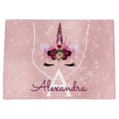 ピンクプリンセスユニコーンバラ金ゴールド赤面ピンクグリッター ラージペーパーバッグ (正面)