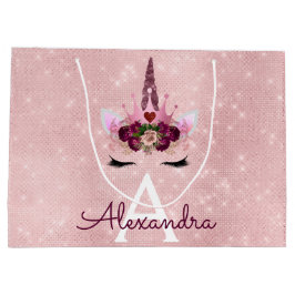 ピンクプリンセスユニコーンバラ金ゴールド赤面ピンクグリッター ラージペーパーバッグ