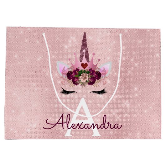 ピンクプリンセスユニコーンバラ金ゴールド赤面ピンクグリッター ラージペーパーバッグ (裏面)