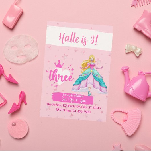 ピンクプリンセス人形、3歳の誕生日 招待状