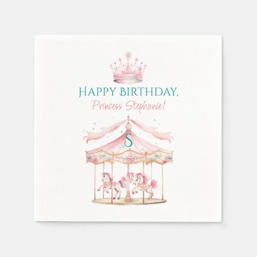 ピンクプリンセス回転木馬マジカル1stバースデーガール スタンダードカクテルナプキン (正面)