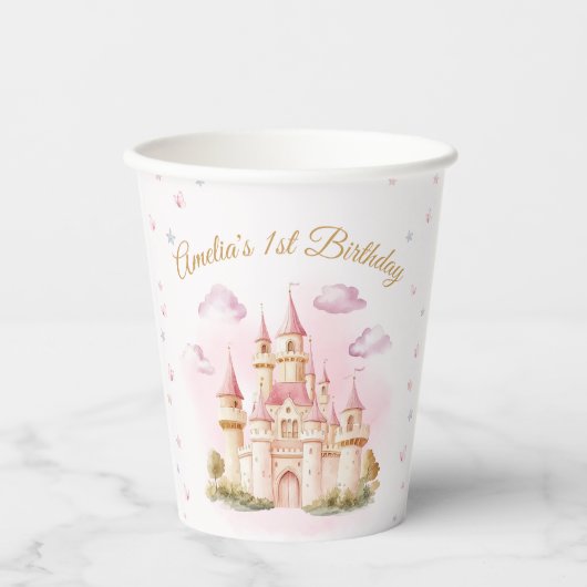 ピンクプリンセス城誕生日紙カップ 紙コップ (正面)