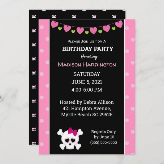 ピンクプリンセス海賊版スカル誕生日 招待状 (正面/裏面)