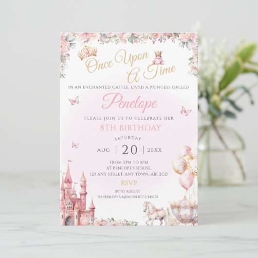 ピンクプリンセス誕生日パーティー招待状おとぎ話 招待状 (スタンド正面)