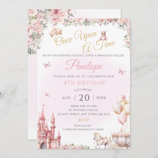 ピンクプリンセス誕生日パーティー招待状おとぎ話 招待状 (正面/裏面)