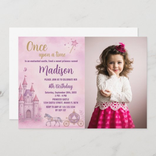 ピンクプリンセス誕生日招待状(写真あり) 招待状 (正面/裏面)