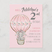 ピンクプリンセス象ホットエアバルーン誕生日 インビテーションポストカード (正面)