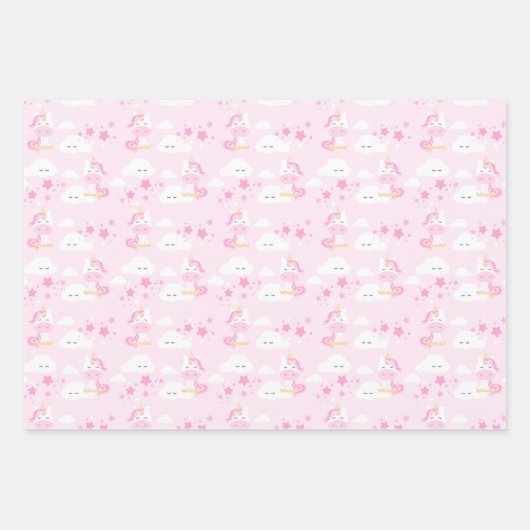 ピンクプリンセス&ユニコーン誕生日パーティーラップ ラッピングペーパーシート (正面)