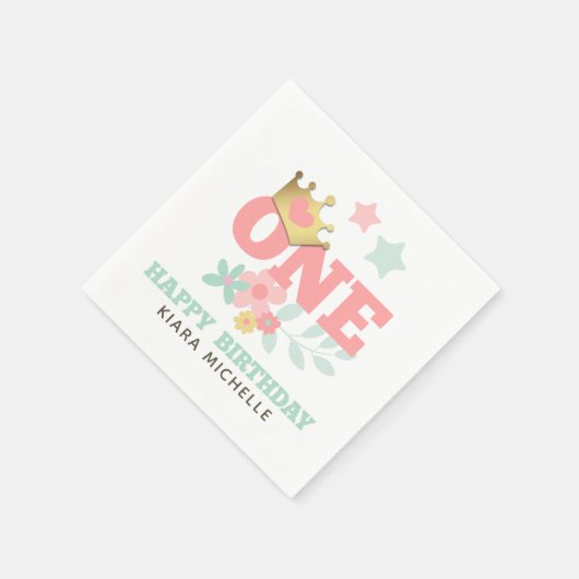 ピンクプリンセス"ワン"クラウンベビーガールファースト誕生日 スタンダードカクテルナプキン (角)