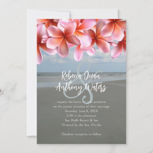 ピンクプルメリア熱帯ビーチ結婚式招待状 招待状 (正面)