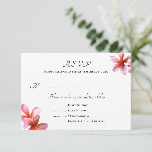 ピンクプルメリア結婚のメニュー返信カード 招待状 (スタンド正面)