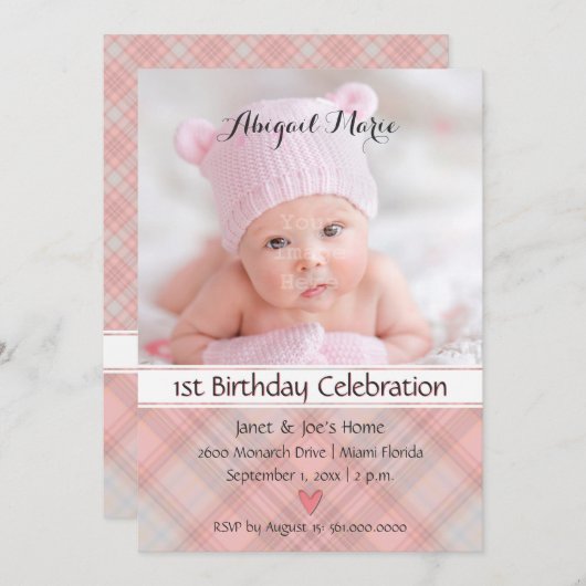 ピンクプレかわいらしイド誕生日の赤ちゃん 招待状 (正面/裏面)