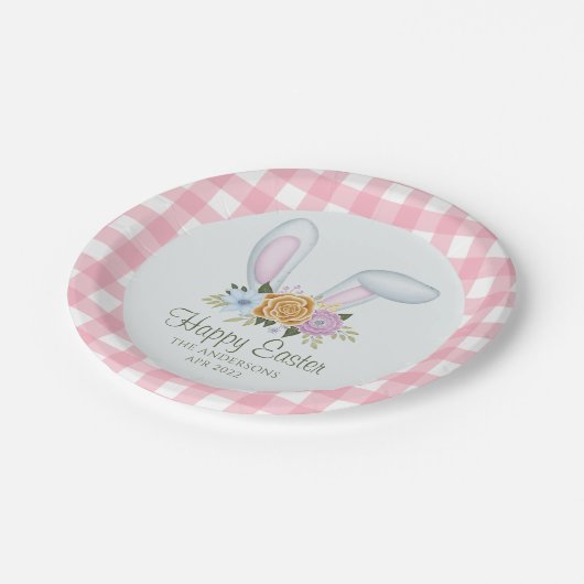 ピンクプレイドウォーターカラーフローラバニーイヤーイースター ペーパープレート (アングル)