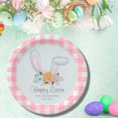 ピンクプレイドウォーターカラーフローラバニーイヤーイースター ペーパープレート