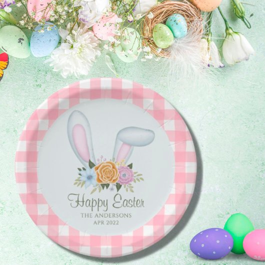 ピンクプレイドウォーターカラーフローラバニーイヤーイースター ペーパープレート
