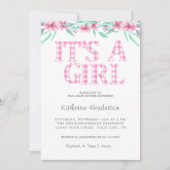 ピンクプレイドウォーター色フローラガールベビーシャワー 招待状 (正面)