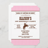 ピンクプレイドカウボーイロデオ誕生日招待状 招待状 (正面/裏面)