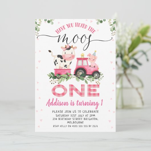 ピンクプレイドカウムースファースト誕生日 招待状 (スタンド正面)