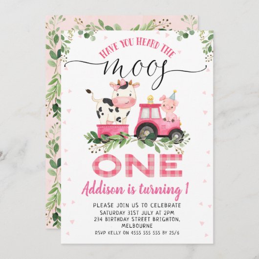 ピンクプレイドカウムースファースト誕生日 招待状 (正面/裏面)