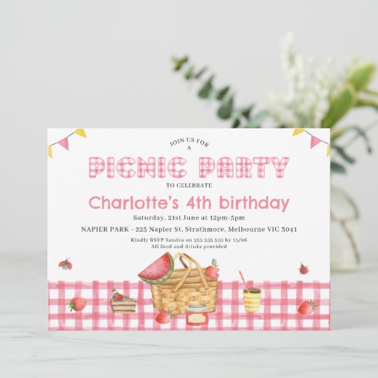 ピンクプレイドガールズピクニックパーティー誕生日 招待状 (スタンド正面)