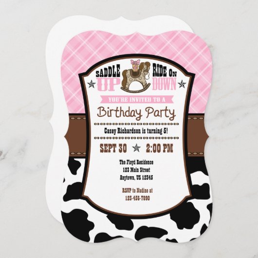 ピンクプレイドコーハイドカウボーイ誕生日招待状 招待状 (正面/裏面)