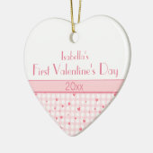 ピンクプレイドハートベビー写真ファーストバレンタインデー セラミックオーナメント (左)