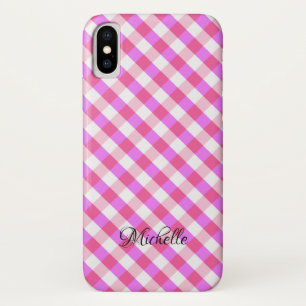 ピンクプレイドパターン名前をカスタムするの電話機例 iPhone X ケース