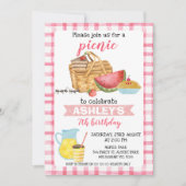 ピンクプレイドピクニックバースデーパーティー 招待状 (正面)
