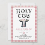 ピンクプレイドホーリーカウファースト誕生日 招待状 (正面)