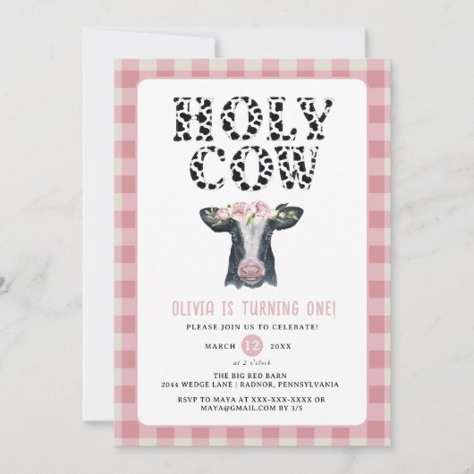ピンクプレイドホーリーカウファースト誕生日 招待状 (正面)