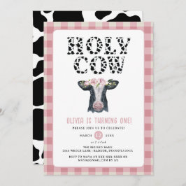 ピンクプレイドホーリーカウファースト誕生日 招待状