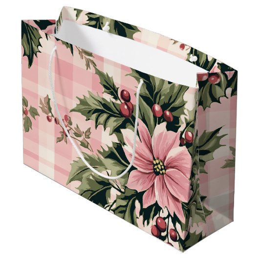 ピンクプレイドポインセチアのクリスマス ラージペーパーバッグ (裏面アングル)
