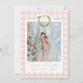 ピンクプレイドリース名門私立校風のリースボークリスマスカード シーズンカード (正面)