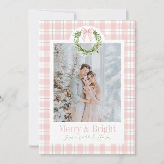 ピンクプレイドリース名門私立校風のリースボークリスマスカード シーズンカード (正面)