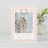 ピンクプレイドリース名門私立校風のリースボークリスマスカード シーズンカード (スタンド正面)