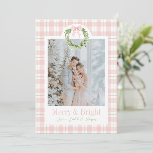 ピンクプレイドリース名門私立校風のリースボークリスマスカード シーズンカード (スタンド正面)