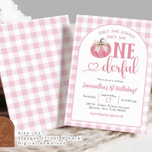ピンクプレイド名門私立校風のパンプキンファースト誕生日 招待状