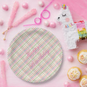 ピンクプレイド紙誕生日プレート ペーパープレート (パーティー)