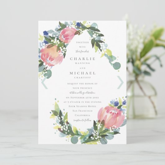 ピンクプロテアフローラ結婚式の招待 招待状 (スタンド正面)