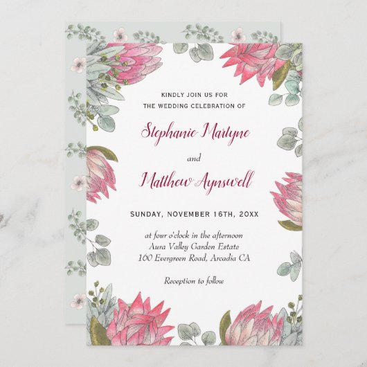 ピンクプロテアユーカリ結婚フローラ 招待状 (正面/裏面)