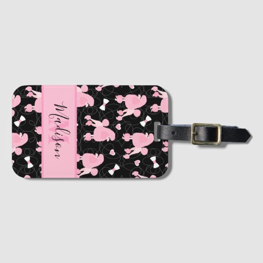ピンクプードルとボウズパターンブラックネームモノグラム ラゲッジタグ (正面横)